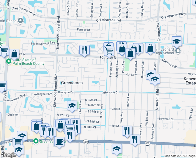 map of restaurants, bars, coffee shops, grocery stores, and more near 340 Pine Ridge Circle in Greenacres