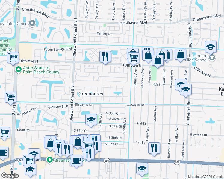 map of restaurants, bars, coffee shops, grocery stores, and more near 343 Pine Ridge Circle in Greenacres