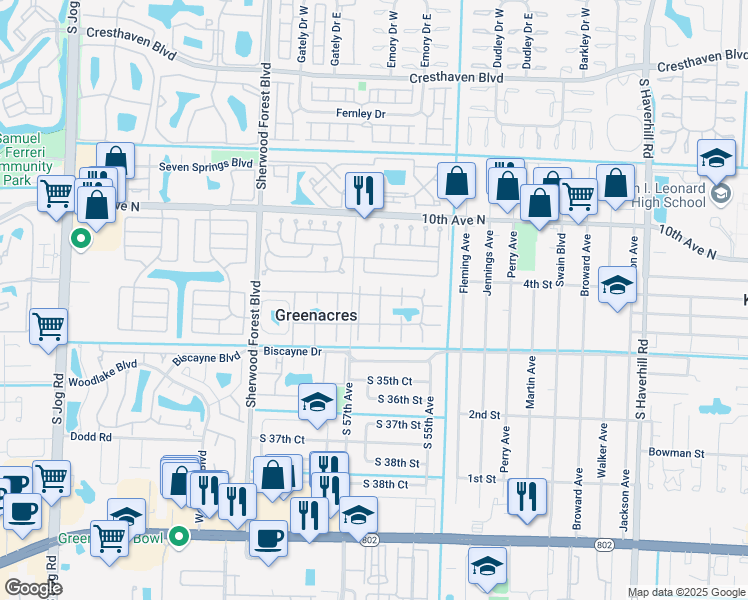 map of restaurants, bars, coffee shops, grocery stores, and more near 343 Pine Ridge Circle in Greenacres