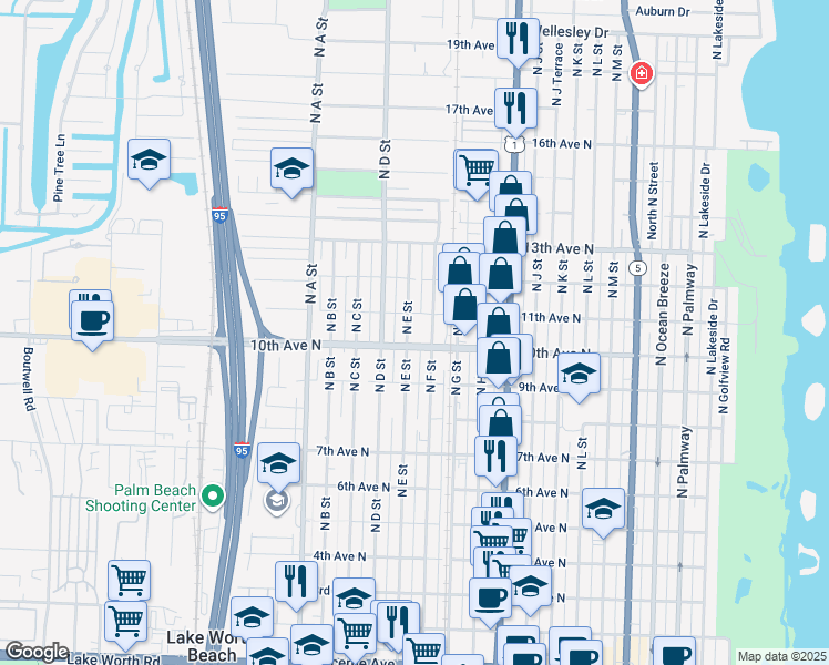 map of restaurants, bars, coffee shops, grocery stores, and more near 1011 North E Street in Lake Worth