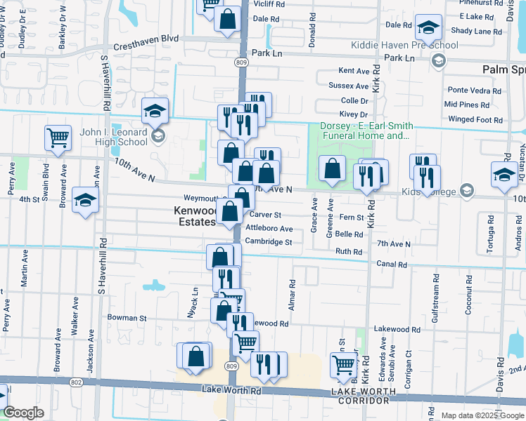 map of restaurants, bars, coffee shops, grocery stores, and more near 4422 Carver Street in Lake Worth