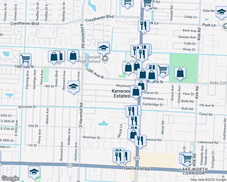 map of restaurants, bars, coffee shops, grocery stores, and more near 4706 Carver Street in Lake Worth