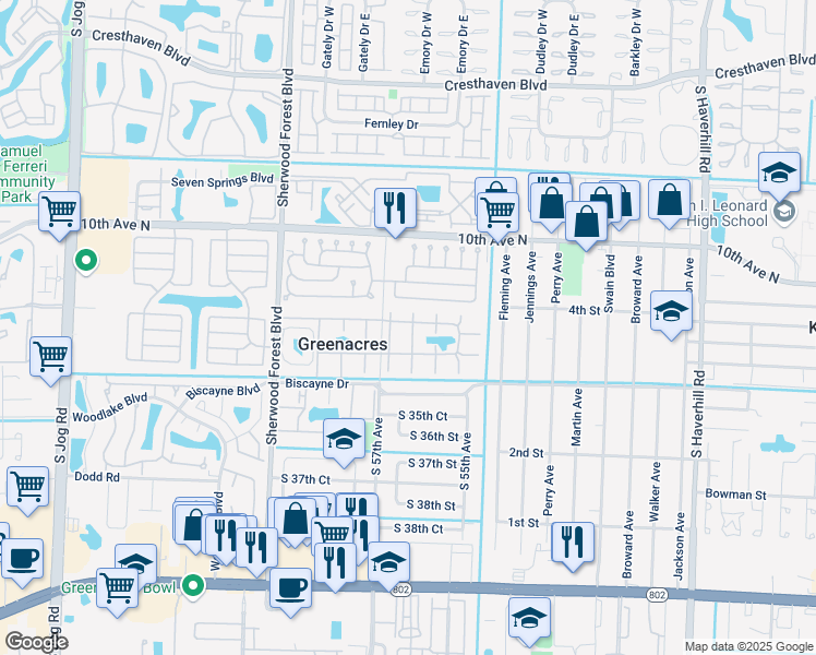 map of restaurants, bars, coffee shops, grocery stores, and more near 343 Pine Ridge Circle in Greenacres