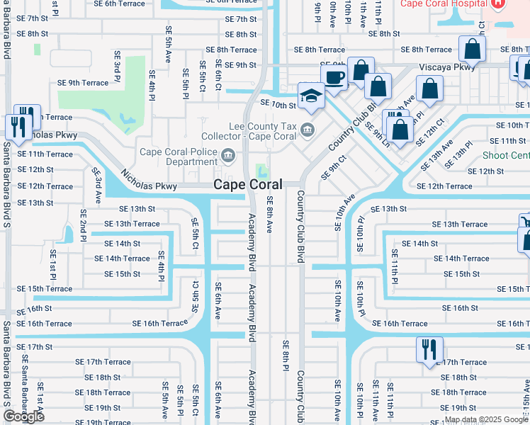 map of restaurants, bars, coffee shops, grocery stores, and more near 1310 Southeast 8th Avenue in Cape Coral