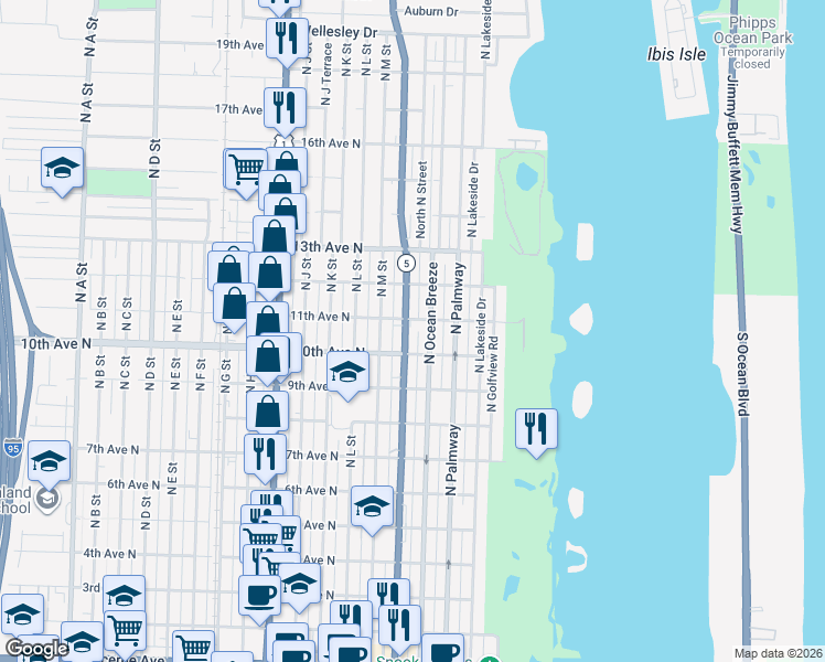 map of restaurants, bars, coffee shops, grocery stores, and more near 1020 North Federal Highway in Lake Worth Beach