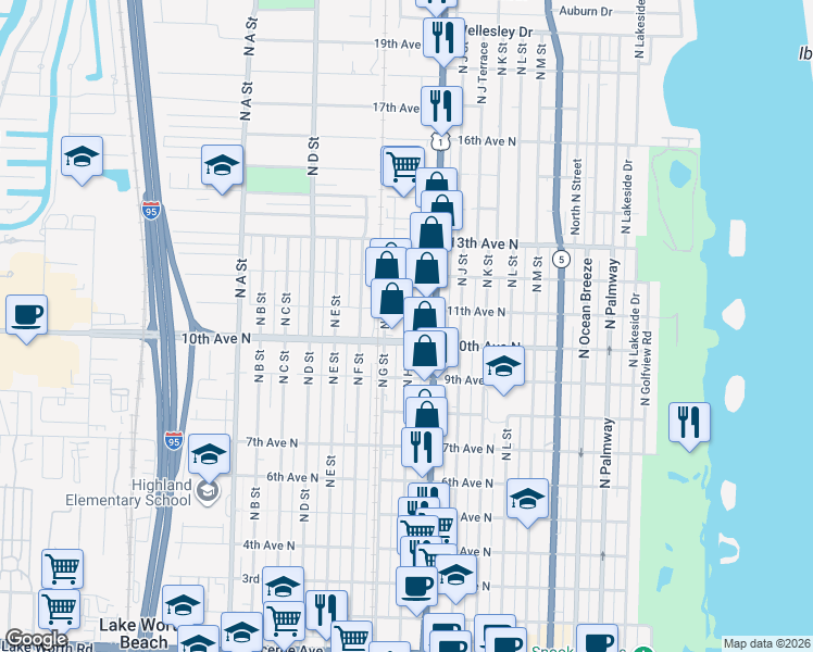 map of restaurants, bars, coffee shops, grocery stores, and more near 1013 North H Street in Lake Worth