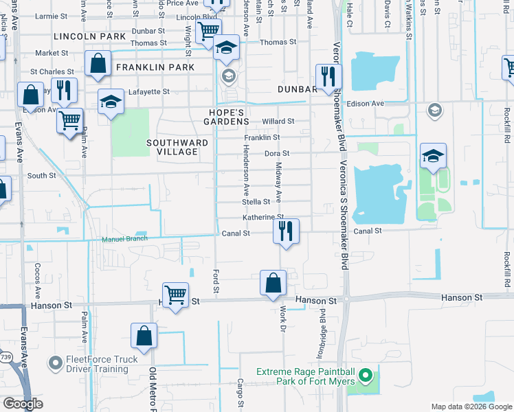 map of restaurants, bars, coffee shops, grocery stores, and more near 3320 Stella Street in Fort Myers