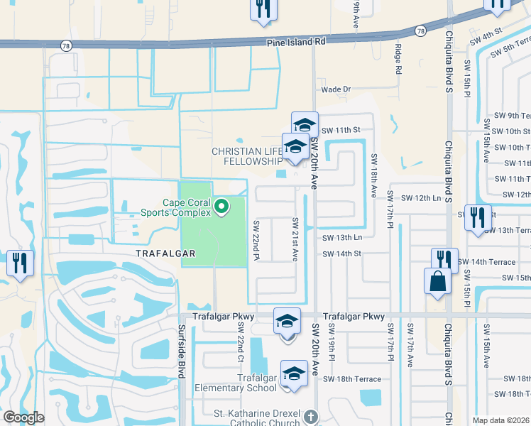 map of restaurants, bars, coffee shops, grocery stores, and more near 2205 Southwest 13th Street in Cape Coral