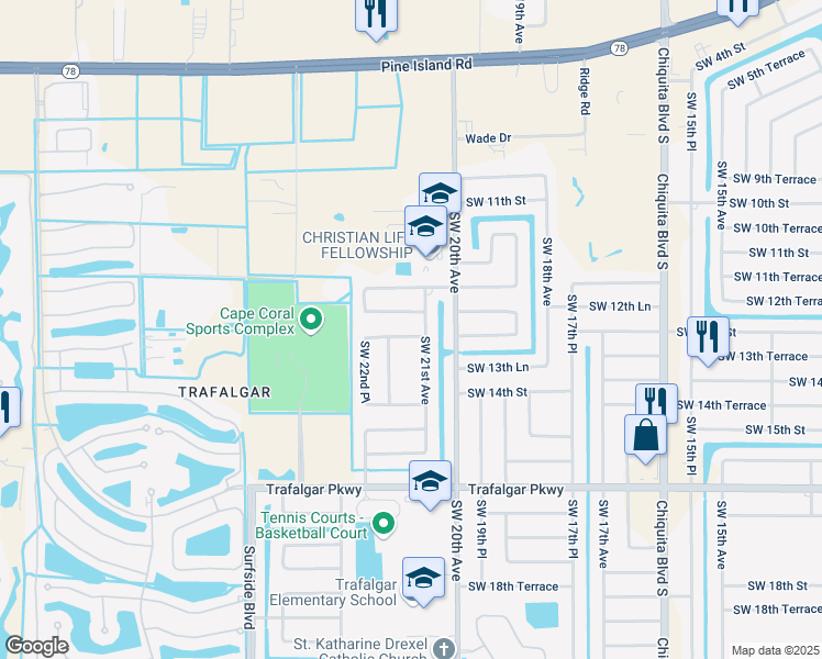 map of restaurants, bars, coffee shops, grocery stores, and more near 2106 Southwest 13th Street in Cape Coral