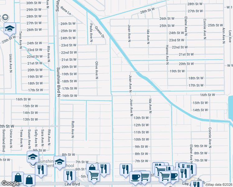 map of restaurants, bars, coffee shops, grocery stores, and more near 3014 16th Street West in Lehigh Acres