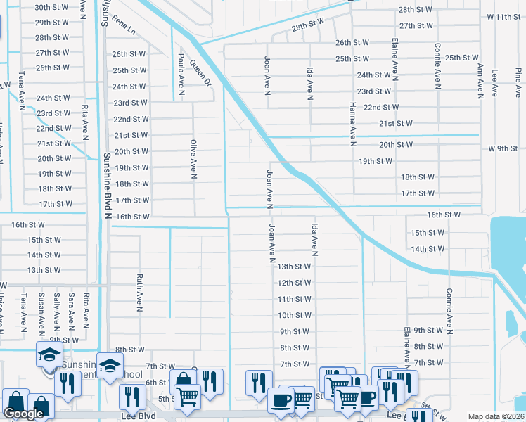 map of restaurants, bars, coffee shops, grocery stores, and more near 3002 16th Street West in Lehigh Acres