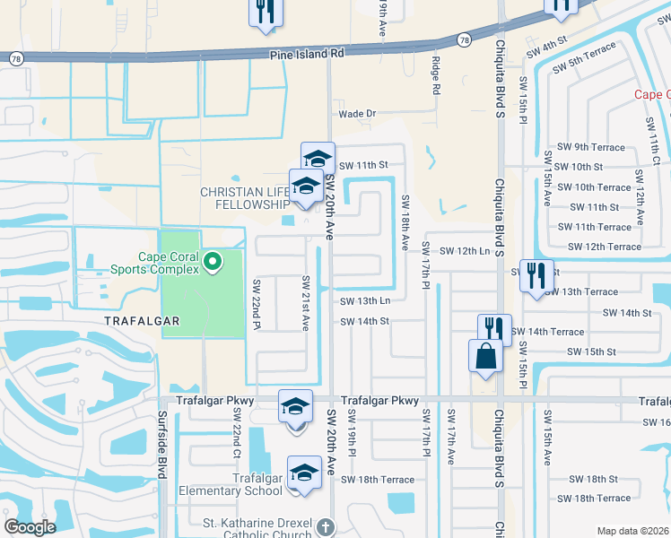 map of restaurants, bars, coffee shops, grocery stores, and more near 1300 Southwest 20th Avenue in Cape Coral