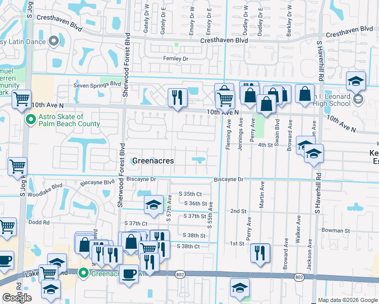 map of restaurants, bars, coffee shops, grocery stores, and more near 343 Pine Ridge Circle in Greenacres