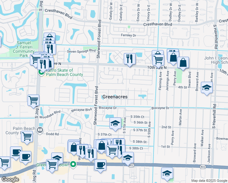 map of restaurants, bars, coffee shops, grocery stores, and more near in Greenacres
