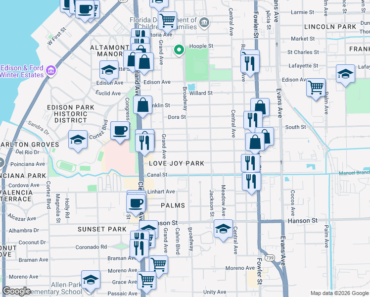 map of restaurants, bars, coffee shops, grocery stores, and more near 2708 Broadway in Fort Myers