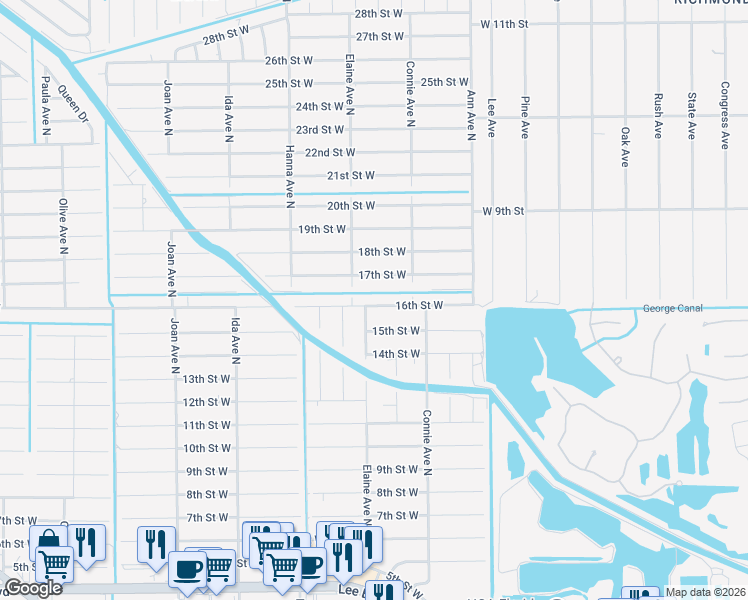 map of restaurants, bars, coffee shops, grocery stores, and more near 2619 16th Street West in Lehigh Acres
