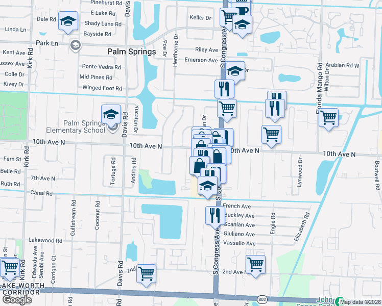 map of restaurants, bars, coffee shops, grocery stores, and more near 1104 Manor Drive in Palm Springs