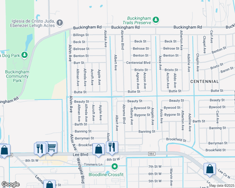 map of restaurants, bars, coffee shops, grocery stores, and more near 5505 Butte Street in Lehigh Acres