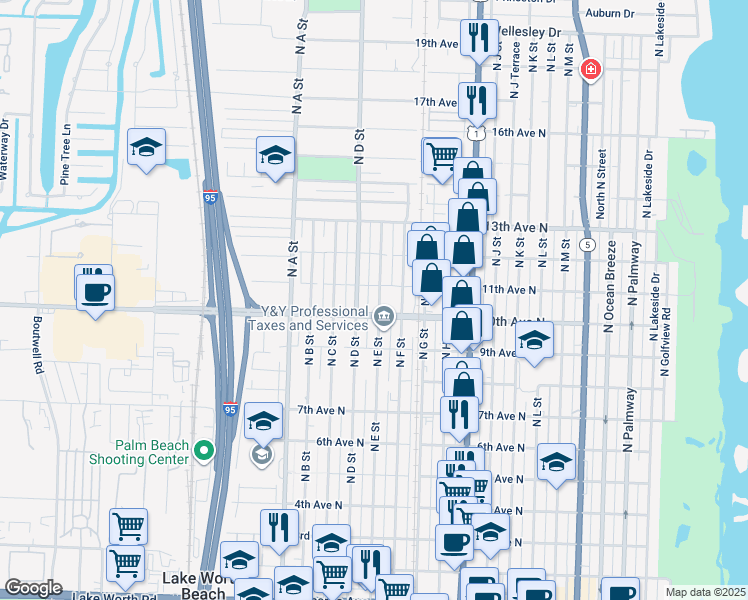 map of restaurants, bars, coffee shops, grocery stores, and more near 1011 North E Street in Lake Worth