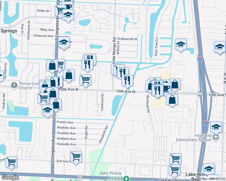 map of restaurants, bars, coffee shops, grocery stores, and more near 2508 10th Avenue North in Lake Worth