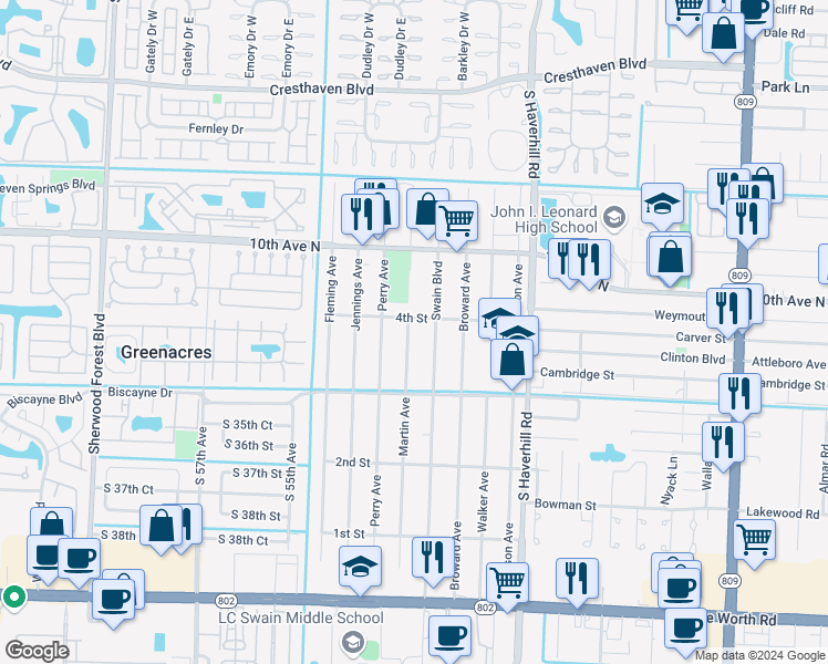 map of restaurants, bars, coffee shops, grocery stores, and more near 448 Martin Avenue in Greenacres