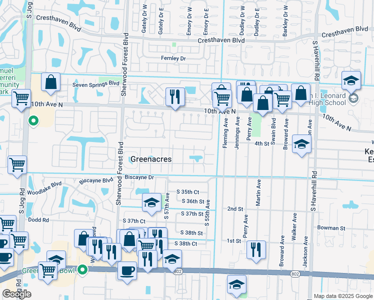 map of restaurants, bars, coffee shops, grocery stores, and more near 343 Pine Ridge Circle in Greenacres