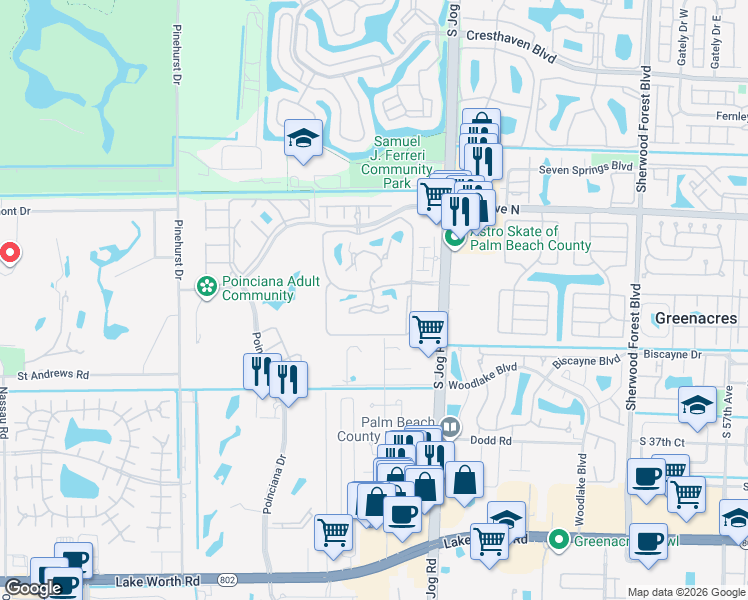 map of restaurants, bars, coffee shops, grocery stores, and more near 3346 Lucerne Park Drive in Greenacres
