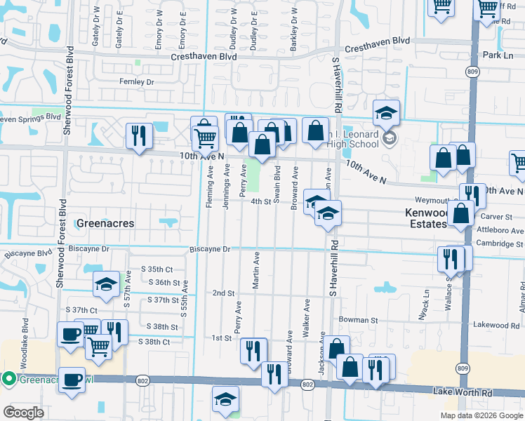 map of restaurants, bars, coffee shops, grocery stores, and more near 448 Martin Avenue in Greenacres