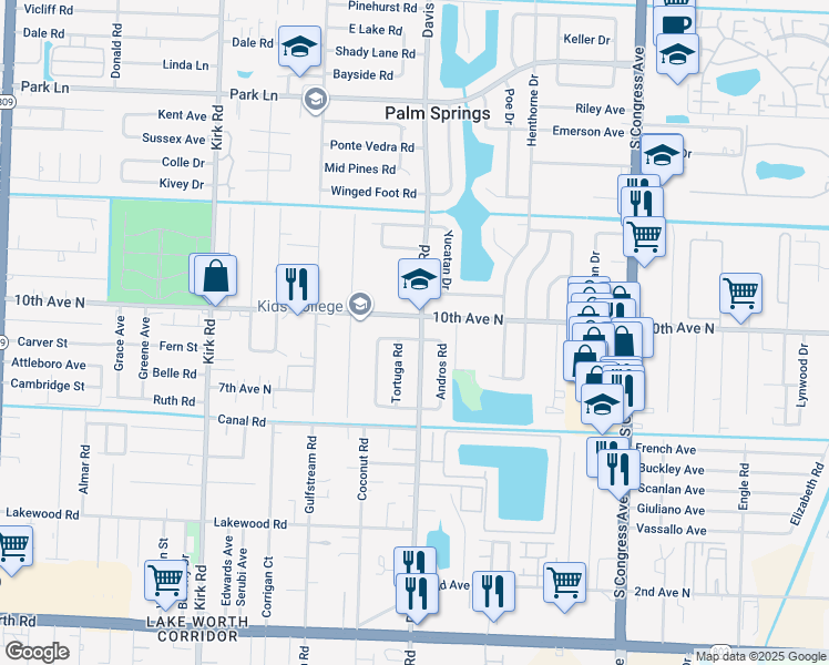 map of restaurants, bars, coffee shops, grocery stores, and more near 160 Jamaica Drive in Lake Worth
