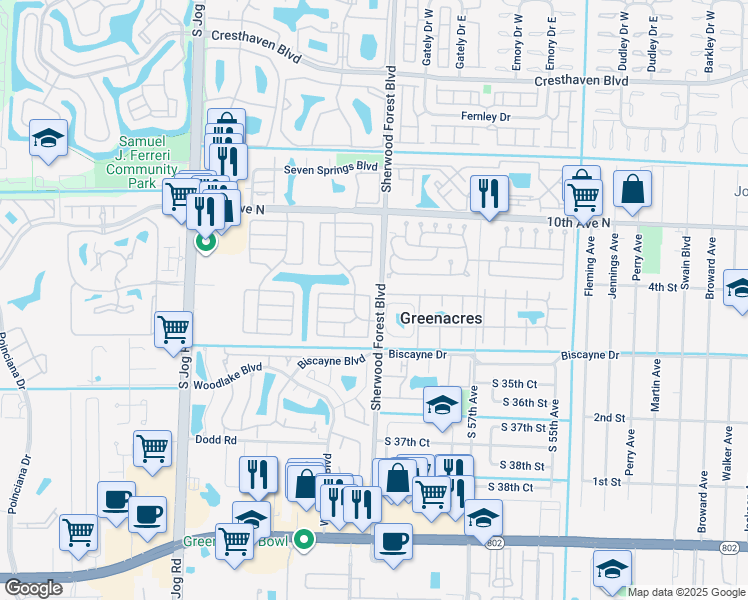 map of restaurants, bars, coffee shops, grocery stores, and more near 100 Nottingham Circle in Greenacres