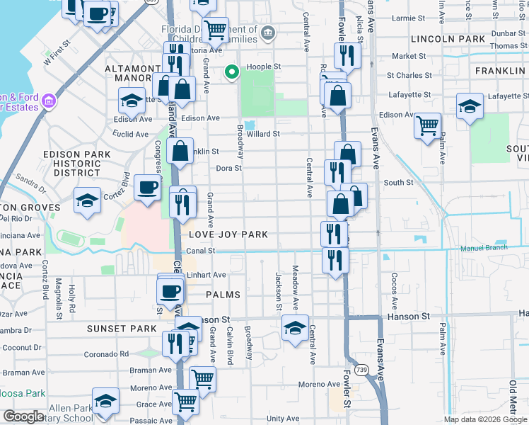 map of restaurants, bars, coffee shops, grocery stores, and more near 2262 Stella Street in Fort Myers