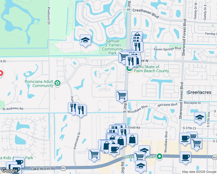 map of restaurants, bars, coffee shops, grocery stores, and more near 3346 Lucerne Park Drive in Greenacres