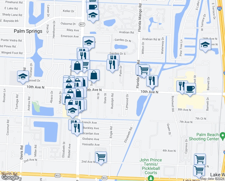 map of restaurants, bars, coffee shops, grocery stores, and more near 3474 Rudolph Road in Lake Worth