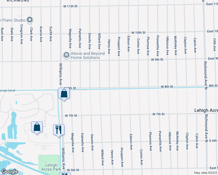 map of restaurants, bars, coffee shops, grocery stores, and more near 602 West 8th Street in Lehigh Acres