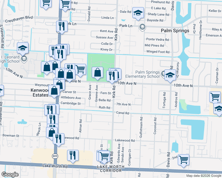 map of restaurants, bars, coffee shops, grocery stores, and more near 4065 Fern Street in Lake Worth Beach