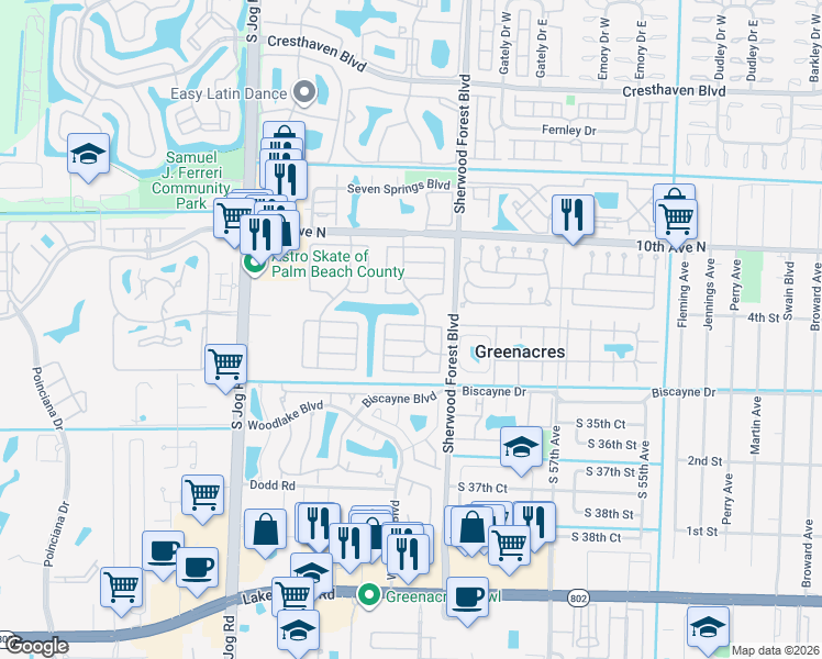 map of restaurants, bars, coffee shops, grocery stores, and more near 3400 Shadow Wood Drive in Greenacres
