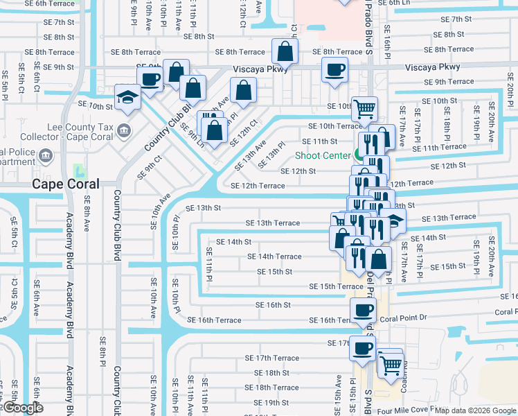 map of restaurants, bars, coffee shops, grocery stores, and more near 1298 Southeast 13th Street in Cape Coral