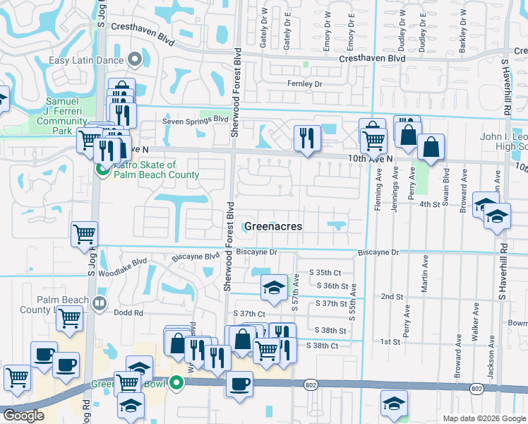 map of restaurants, bars, coffee shops, grocery stores, and more near in Greenacres