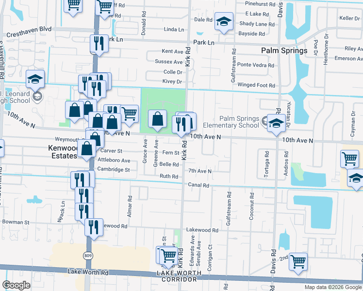 map of restaurants, bars, coffee shops, grocery stores, and more near 4065 Fern Street in Lake Worth Beach