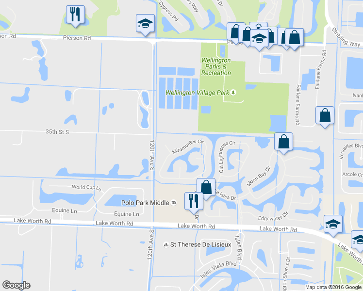 map of restaurants, bars, coffee shops, grocery stores, and more near 3648 Miramontes Circle in Wellington