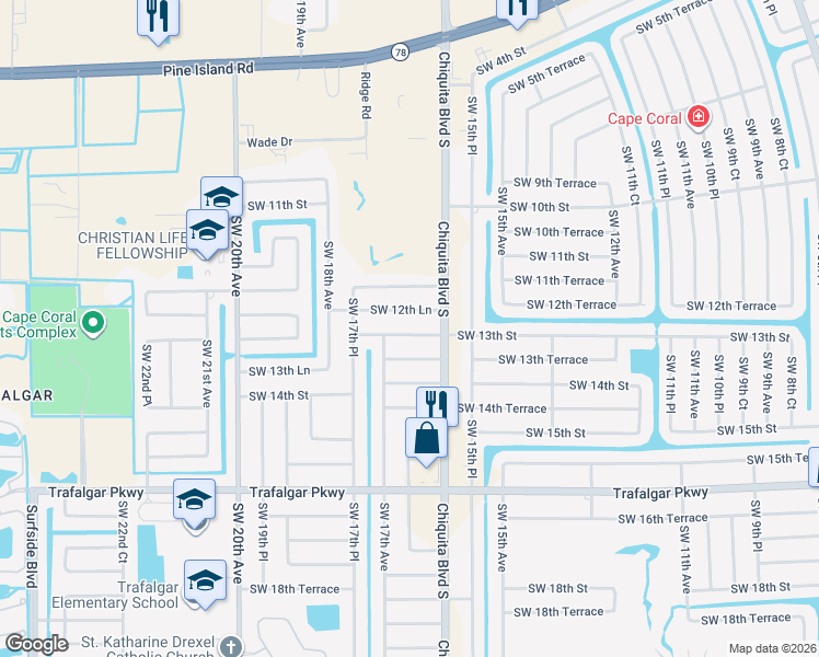 map of restaurants, bars, coffee shops, grocery stores, and more near 1619 Southwest 13th Street in Cape Coral