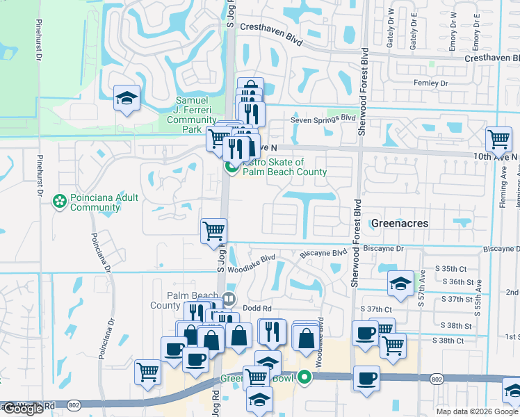 map of restaurants, bars, coffee shops, grocery stores, and more near 3311 Silver Buttonwood Drive in Greenacres