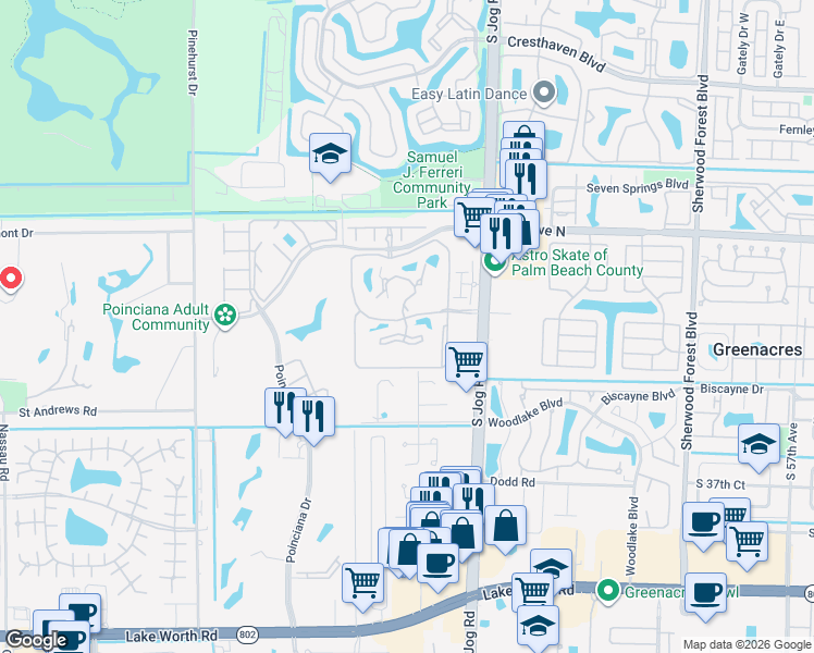 map of restaurants, bars, coffee shops, grocery stores, and more near 3346 Lucerne Park Drive in Greenacres