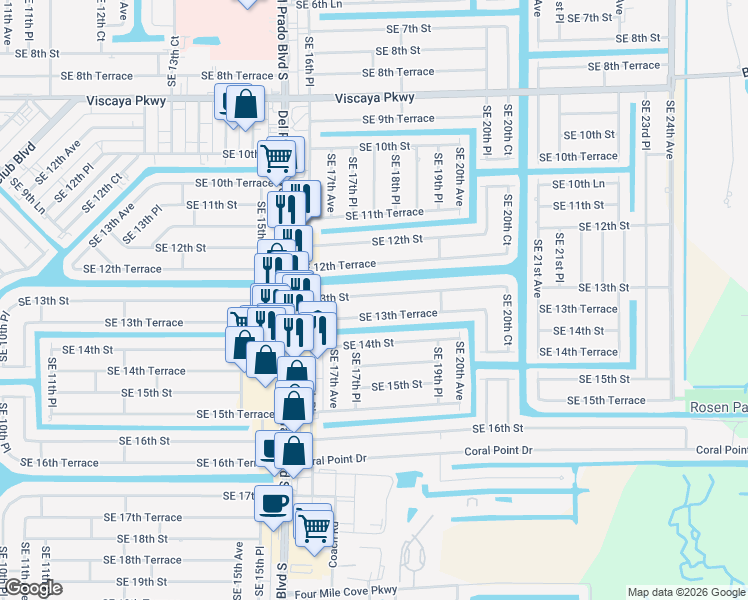 map of restaurants, bars, coffee shops, grocery stores, and more near 1721 Southeast 13th Terrace in Cape Coral