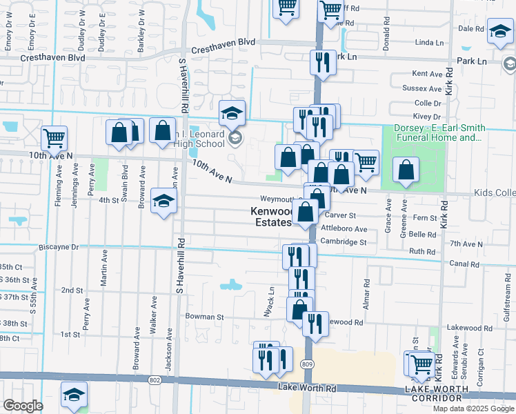 map of restaurants, bars, coffee shops, grocery stores, and more near 4706 Carver Street in Lake Worth