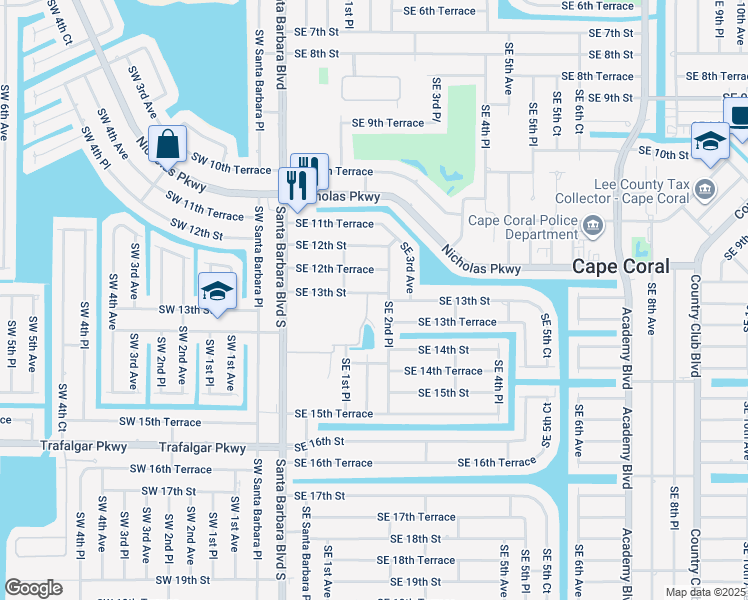 map of restaurants, bars, coffee shops, grocery stores, and more near 1303 Southeast 2nd Avenue in Cape Coral