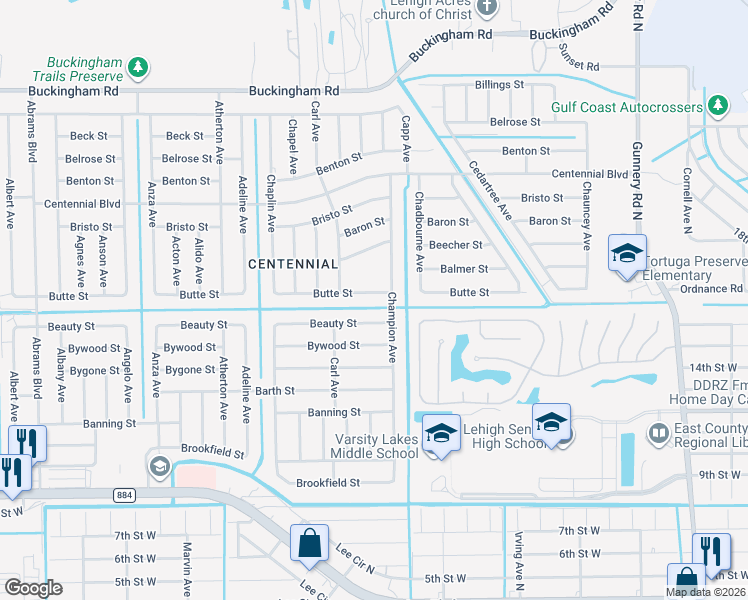 map of restaurants, bars, coffee shops, grocery stores, and more near 4906 Beauty Street in Lehigh Acres