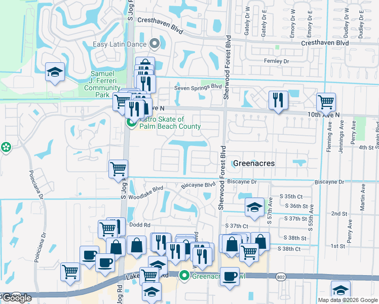 map of restaurants, bars, coffee shops, grocery stores, and more near 6169 Lakemont Circle in Greenacres