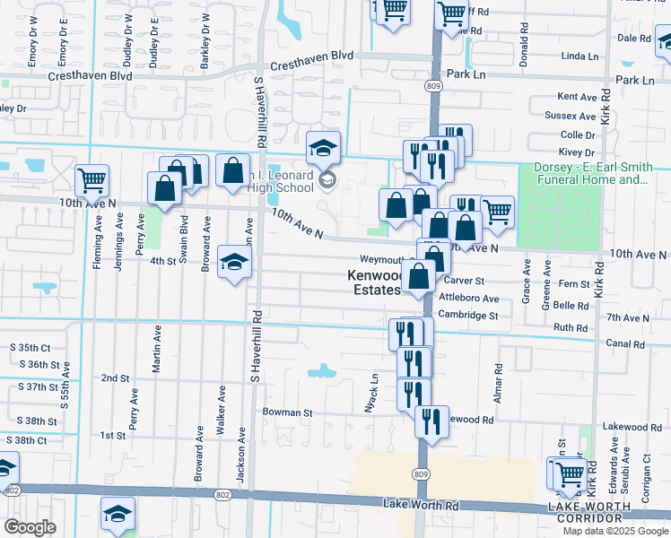 map of restaurants, bars, coffee shops, grocery stores, and more near 4796 Carver Street in Lake Worth