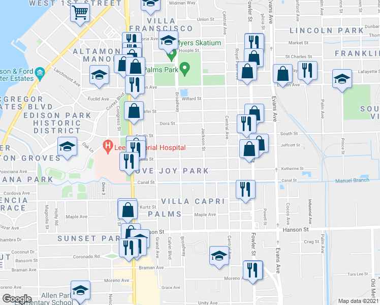 map of restaurants, bars, coffee shops, grocery stores, and more near 2229 Stella Street in Fort Myers